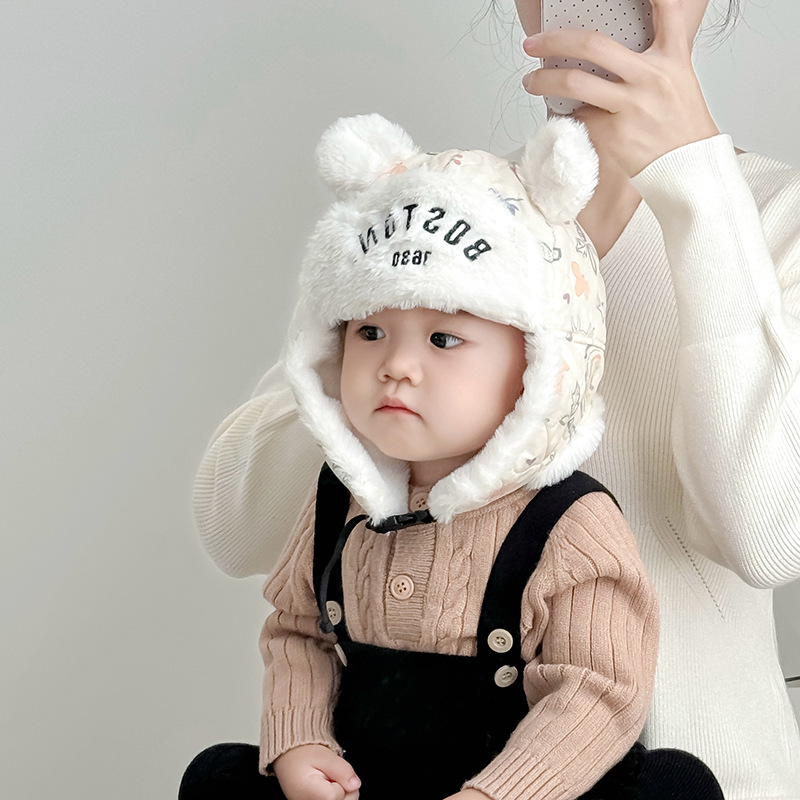 Sombreros de moda coreana de letras para niños otoño y invierno caliente y grueso sombreros de orejas para bebés de hombres y mujeres con gorras de lana de invierno