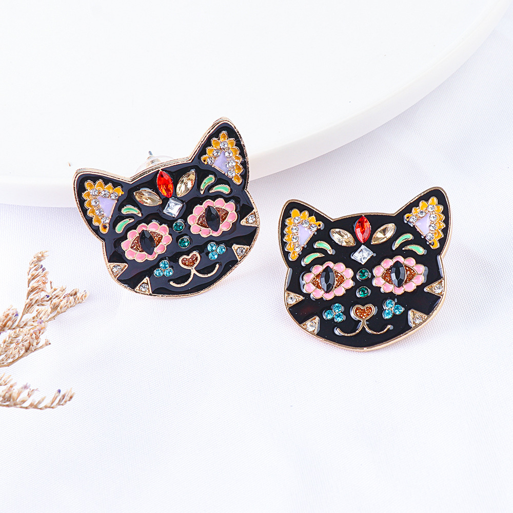 55625 Europe And America Creative Black Cat Colorful Cat Funny Earrings Halloween Ghost Festival Ear Studs Oil-plated Diamond Earrings display picture 6