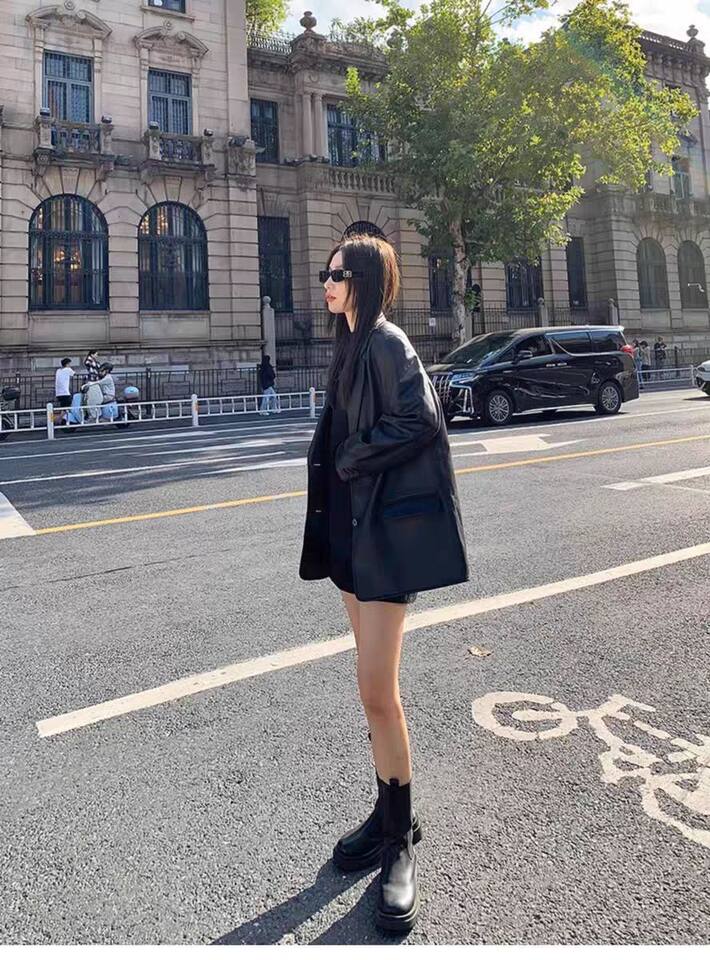 Áo khoác da PU dáng vest nữ phong cách đường phố, tay dài, form rộng — Màu đen [mẫu chất lượng cao] chi tiết 9