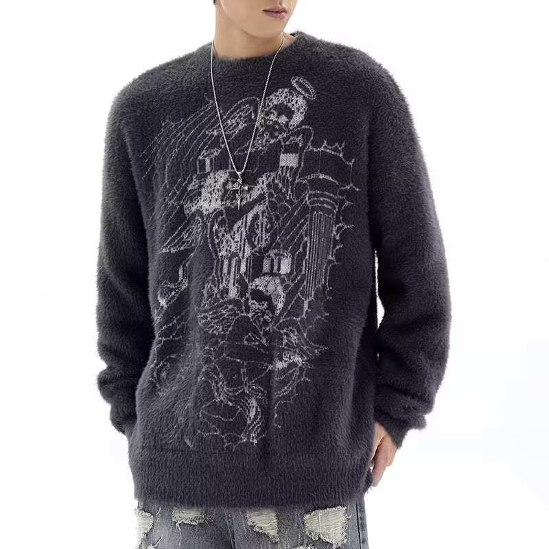 Herren Oversized Gothic Angel Strickpullover Warmes Fleece_voghion.com