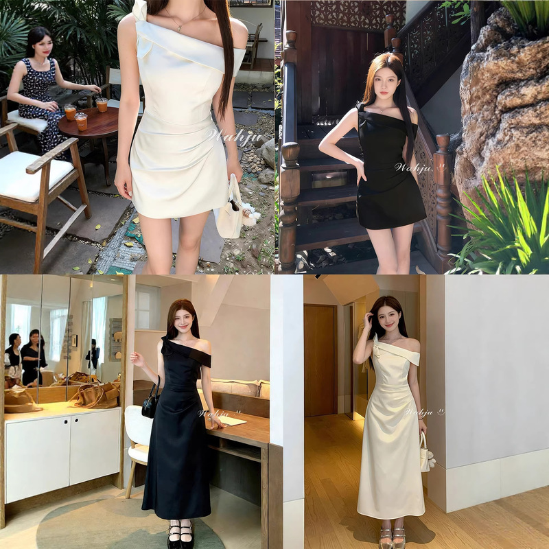 Selling Tenderness: French-Style Niche Design Satin Dress with an Elegant Off-Shoulder Silhouette, Slimming A-Line Waist-Cinching Dress for Spring Selling Tenderness: French-Style Niche Design Satin Dress with an Elegant Off-Shoulder Silhouette, Slimming A-Line Waist-Cinching Dress for Spring