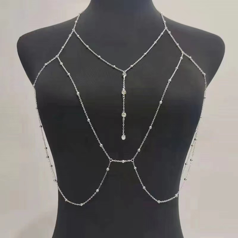 Europa y América exagerada sexy playa vacaciones cuerpo ropa cadena collar creativo rhinestone colgante borla collar cadena del pecho