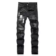 Guangzhou High Street Trendy Brand New Distressed Slim Fit Stretch Black Skinny Jeans for Men