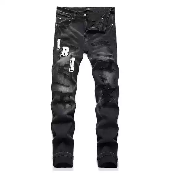 Guangzhou High Street Fashion Trendy New Distressed Slim Fit Stretch Black Skinny Jeans Men