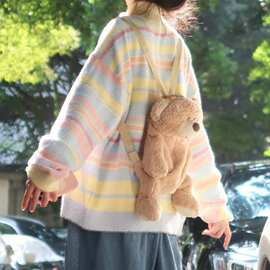 原创设计感多巴胺彩虹色条纹拉链秋冬开衫毛衣女仿貂毛针织衫外套