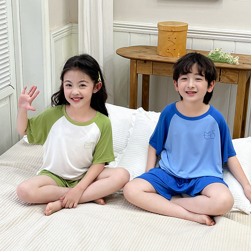 Children's Home Clothes Modal Short-Sleeved Shorts Girls Summer Thin Pajamas Set Boys Color Matching Two-Piece Set