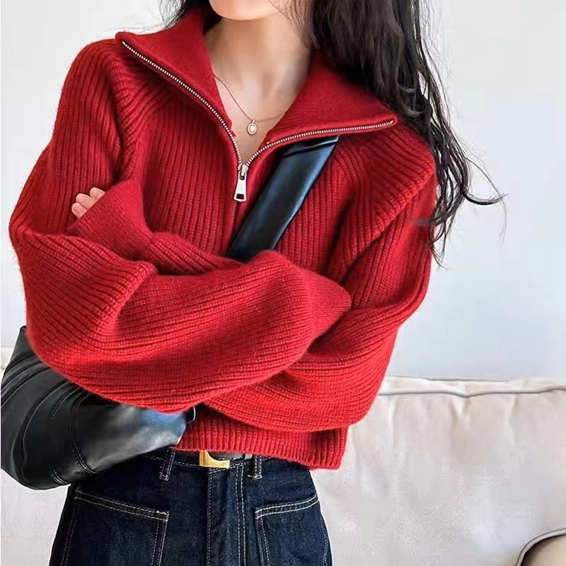 2025 Autumn and Winter Korean New Style Stand-Up Collar Design Half-Zip Short Knitwear Lazy Style Knitted Knitwear Top for Women