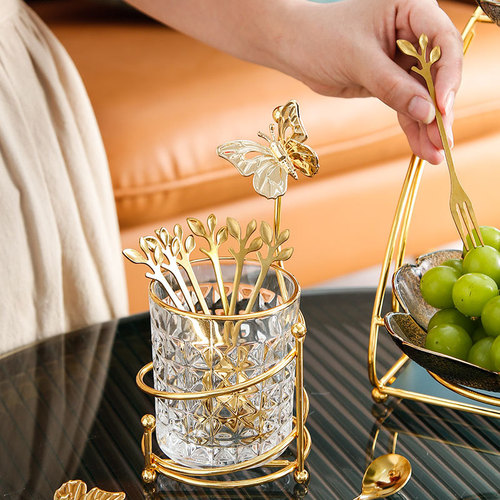 Internet celebrity fork small spoon golden leaf fruit fork storage jar dessert creative home cute cake fork