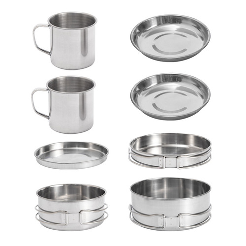 Outdoor stainless steel pot set 8-piece tableware set portable bowl barbecue pot mountaineering 5-6 person folding set camping