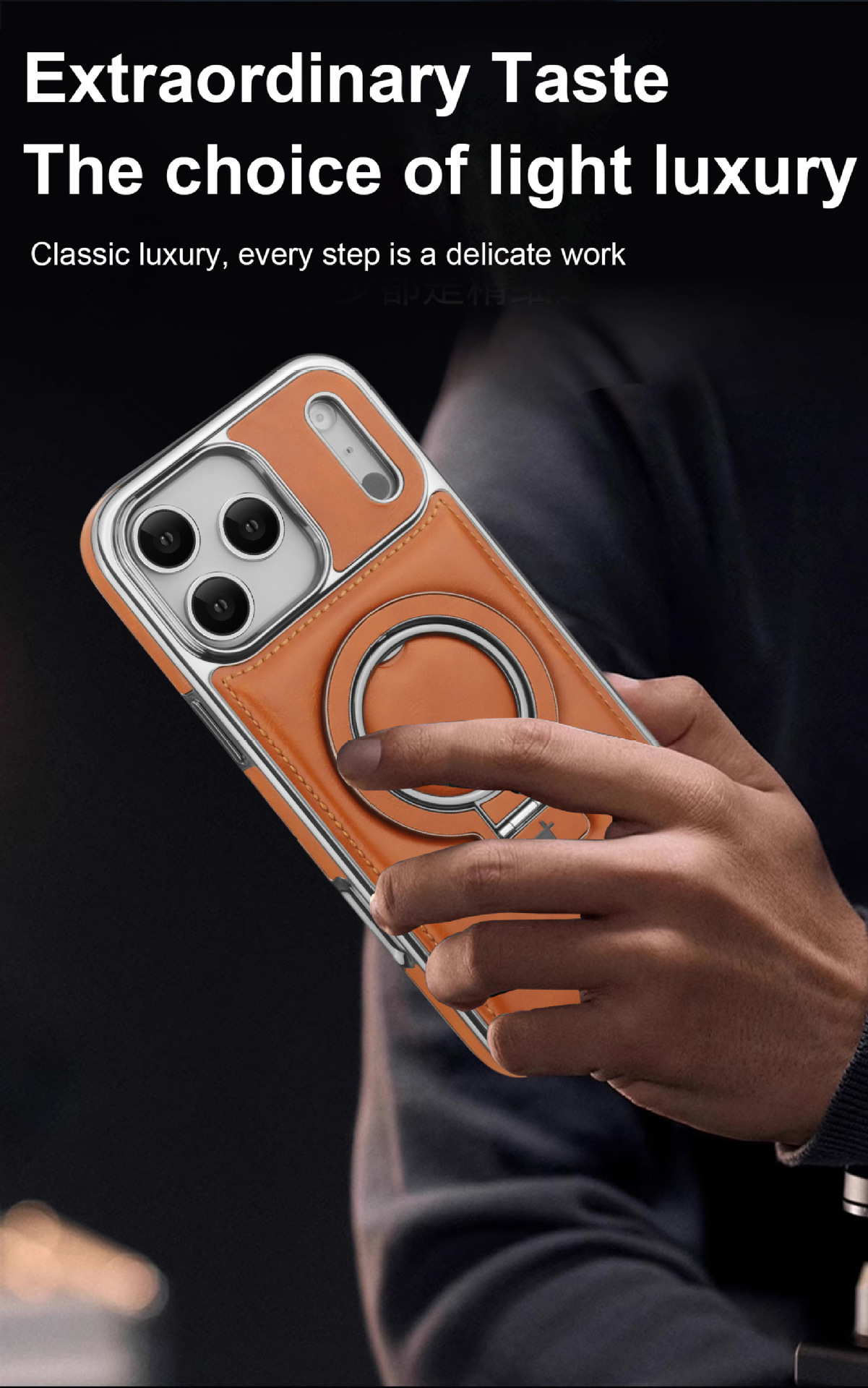 Ốp lưng iPhone 16/17 Pro Max/Pro/Plus da từ tính tích hợp giá đỡ chống rơi kèm vòng đeo tay — màu đen, màu xanh đậm, nâu nhạt, màu tím đậm chi tiết 5