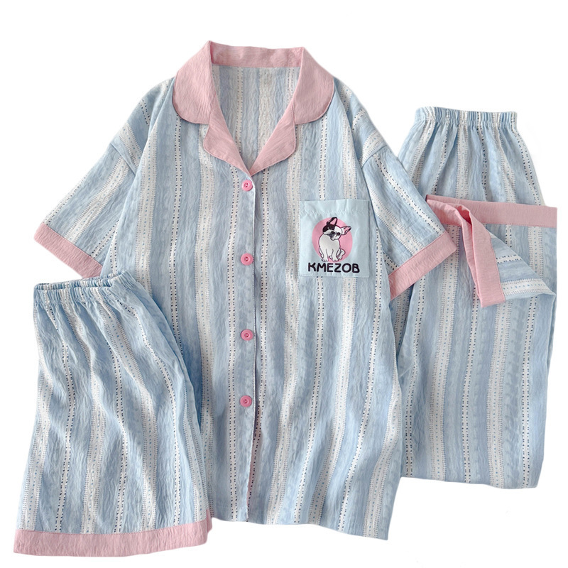 萌趣小清新法斗小狗ins风云朵棉睡衣女短袖三件套家居服实拍批发|undefined