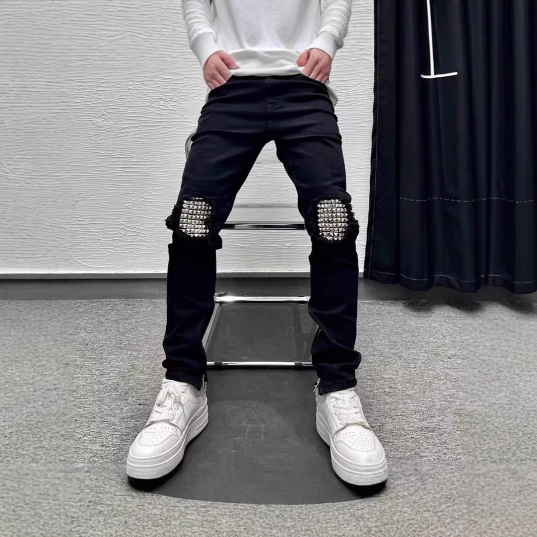 Men's Rivet Slim Fit Jeans Trendy Brand Black With Split Cuffs And Zipper Design Versatile Casual Stretch Skinny Long_viptrois.com