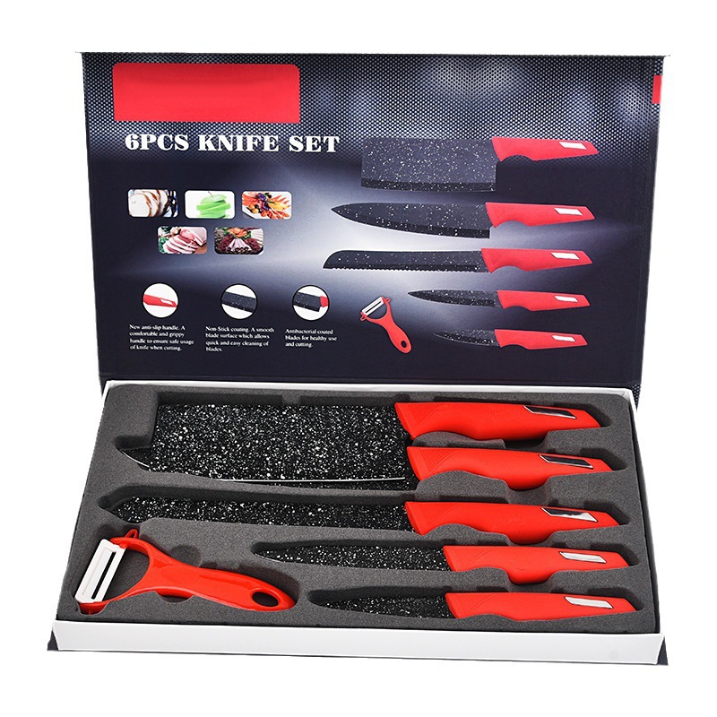 Suministro directo de fábrica de tinta de piedra hoja de acero mango rojo cuchillo de seis piezas traje de cuchillo de cocina de acero inoxidable traje de pintura en aerosol cuchillo