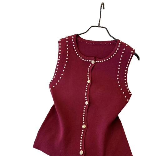 French-style elegant and graceful thin design beaded cardigan vest fashionable sleeveless knit top