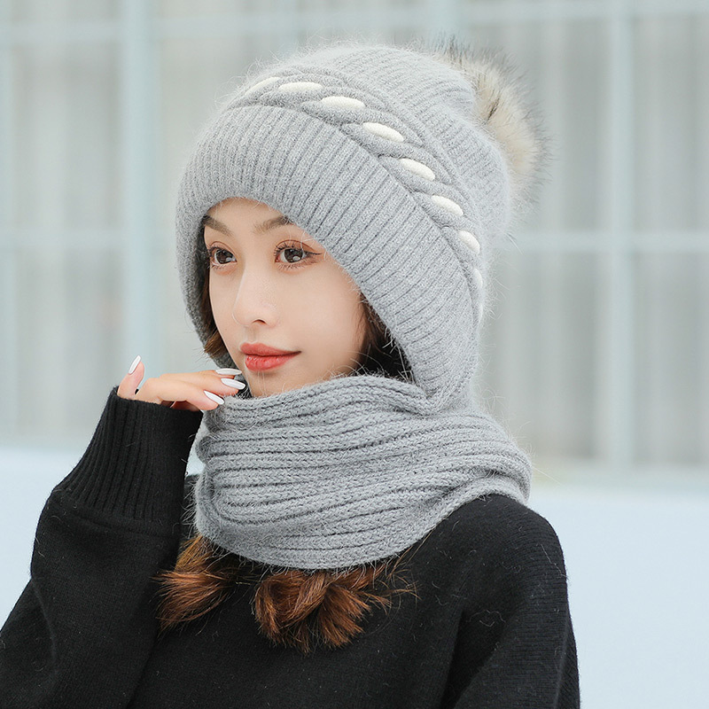 Scarf one-piece hat women's winter one-piece wool rabbit fur hat warm thickened knitted pullover hat cycling ear protection tide