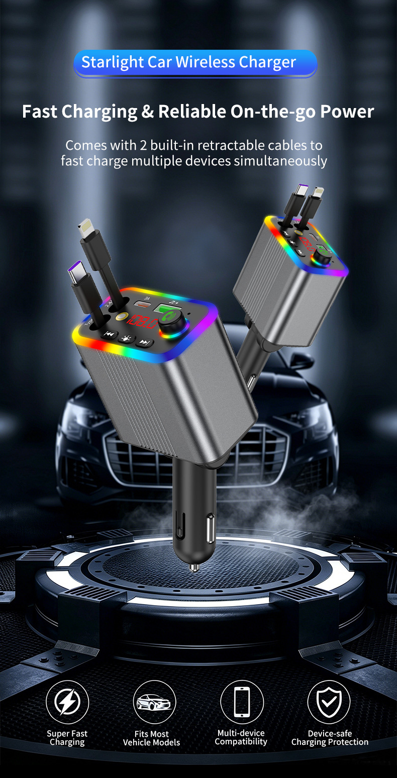 R4R6 Car Bluetooth MP3 Player comes with a retractable cable and supports fast charging for mobile phones, 2026 new model, foreign trade supply