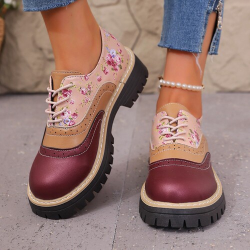 Thick heel floral lace large size brock single-layer shoes for women 2025 autumn color matching round head loafer low-cut shoes foreign trade 43