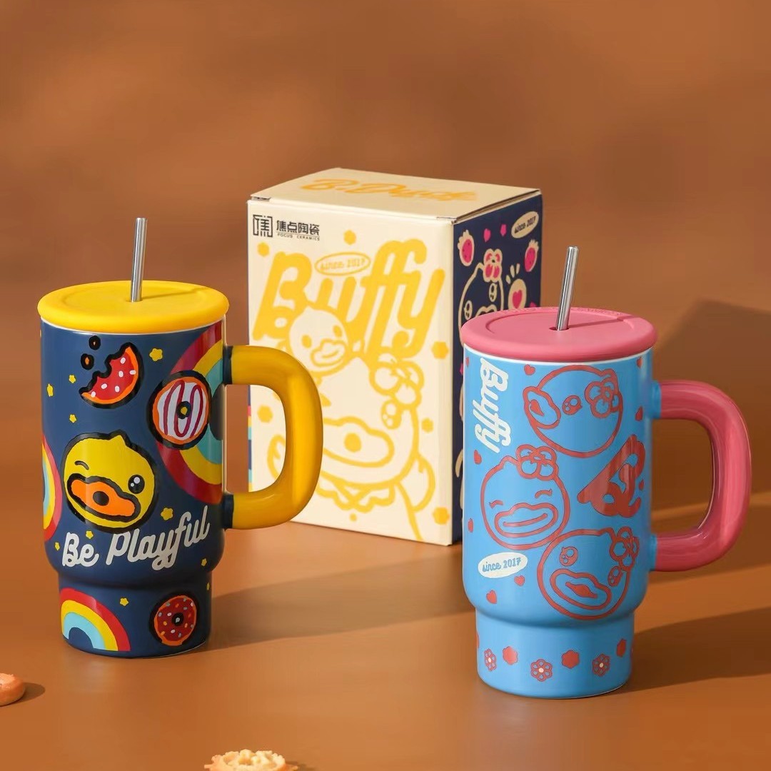 Auténtica licencia B. Duck personalidad pato amarillo taza de paja de cerámica acompañante regalo de cumpleaños taza de agua grande capacidad