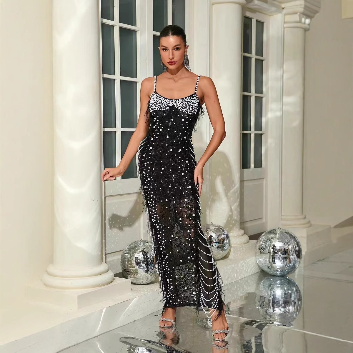 重工釘珠亮片珍珠羽毛刺繡dress獨立站速賣通宴會裙繃帶連衣裙