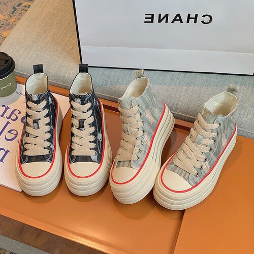 Korean-style laced holey denim canvas thick-soled casual shoes, high-top shoes, versatile, stackable, trendy
