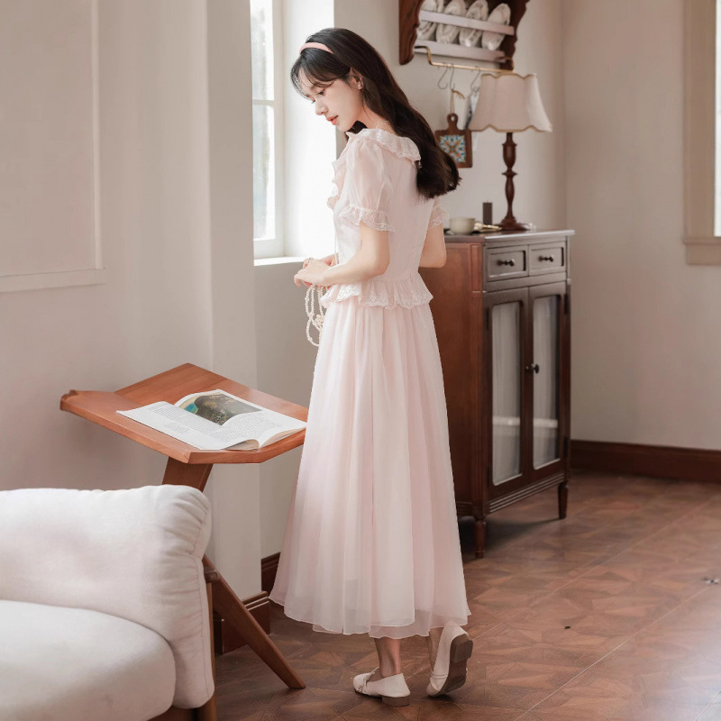 フレンチピンク初恋レーススプライシングドレス女性の夏のスクエアネック甘い気質ウエスト痩身メッシュロングスカート|undefined