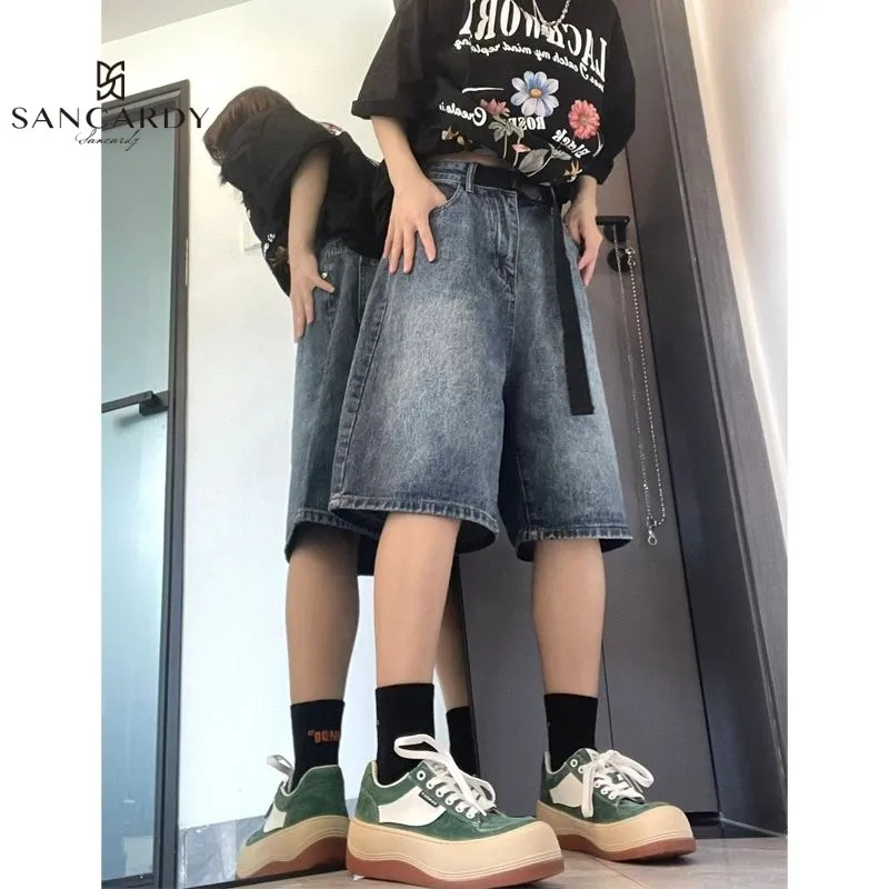 Retro Blue Denim Shorts Women's 2023 New American Workwear Wide Leg Over Knee 6 5 6 Pants 7 Capri Pants