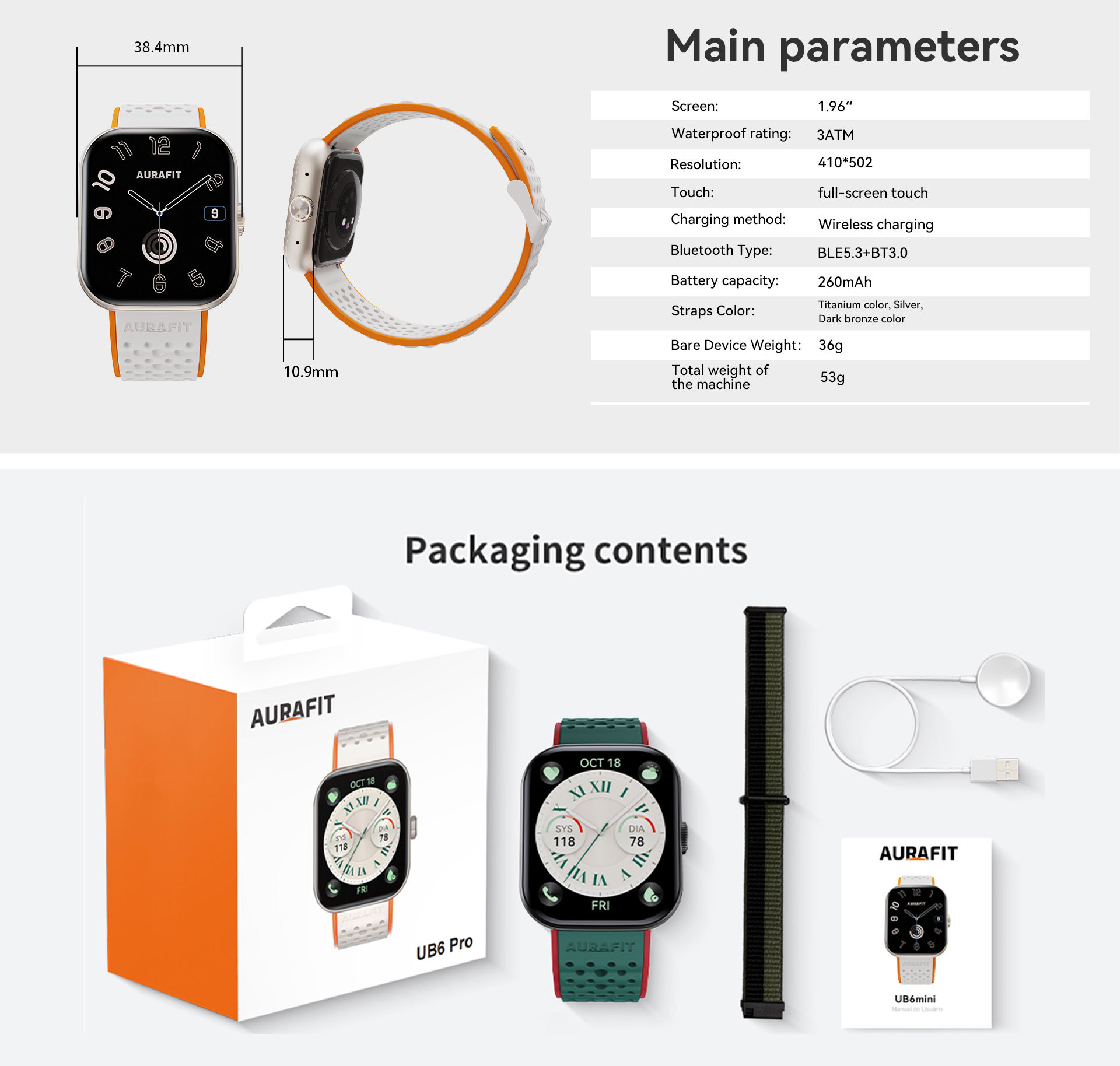 AURAFIT UB6 Pro/mini 1.43-inch AMOLED Screen 3ATM Waterproof 260mAh Bluetooth Calling Smartwatch_voghion.com