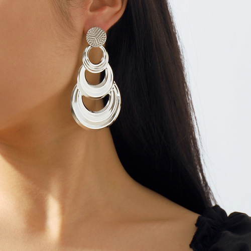 11505 European and American style exaggerated multi-layered round pendant earrings, retro geometric hollow splicing design earrings