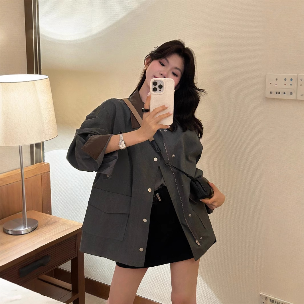 THE LIMON Early Spring New Korean Lazy Barn Style Design Sense Colores de contraste Bolsillo grande Chaqueta retro Ropa de trabajo