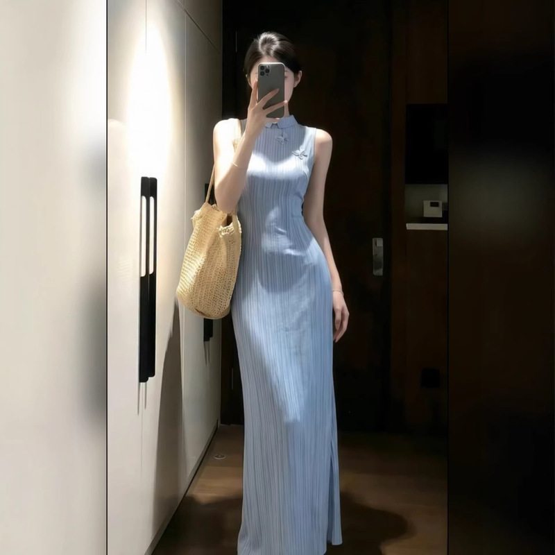 Summer Elegant Slim-Fit Hip-Hugging Long Dress, New Chinese Style National Style Blue Striped Cheongsam Dress for Women Summer Elegant Slim-Fit Hip-Hugging Long Dress, New Chinese Style National Style Blue Striped Cheongsam Dress for Women