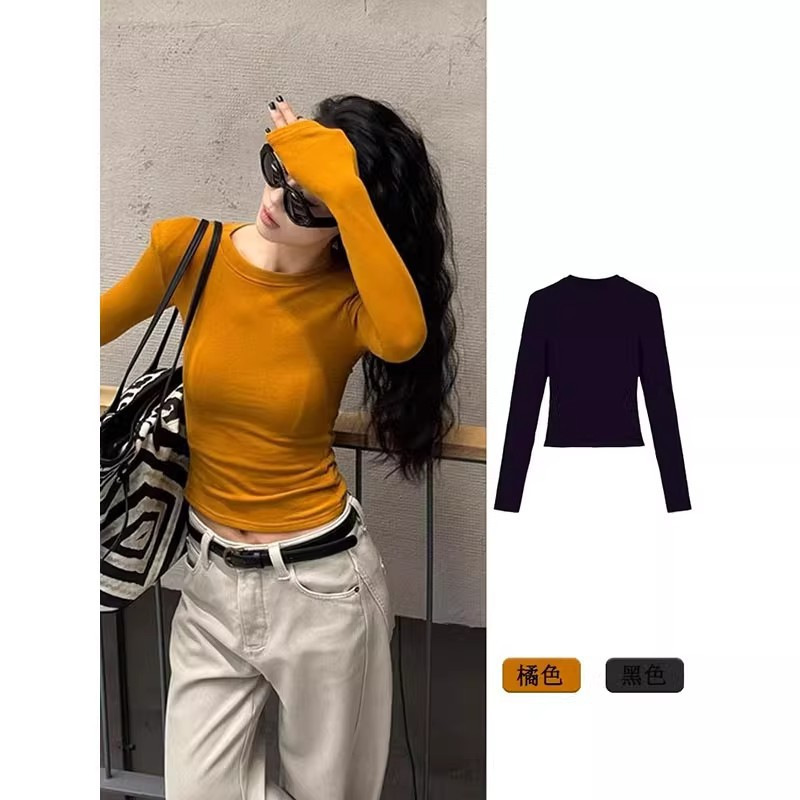 2025 Autumn/Winter Round Neck Padded Shoulder Solid Color Slim Fit Base Shirt Versatile Padded Shoulder Top for Women