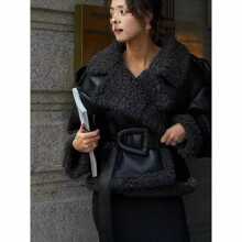 跨境欧美女装速卖通纯时尚长款短款街头翻领皮毛一体保暖皮衣外套