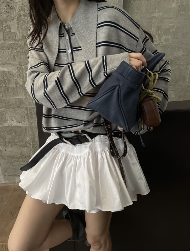 韩国chic秋季新款韩版百搭复古条纹系扣尖领慵懒宽松长袖针织衫女|undefined