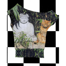 欧美INS千禧辣妹音乐节美式复古竹子橘猫印花斜肩性感露肩短袖T恤