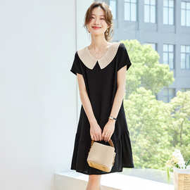 2025夏日新款黑色娃娃领漂亮连衣裙小个子时尚气质套头女装裙子