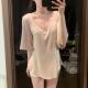 Modal Solid Color V-neck Casual All-match Loose Semi-short Sleeve T-shirt Women's Summer Slimming Mid-length Butt-covering Top