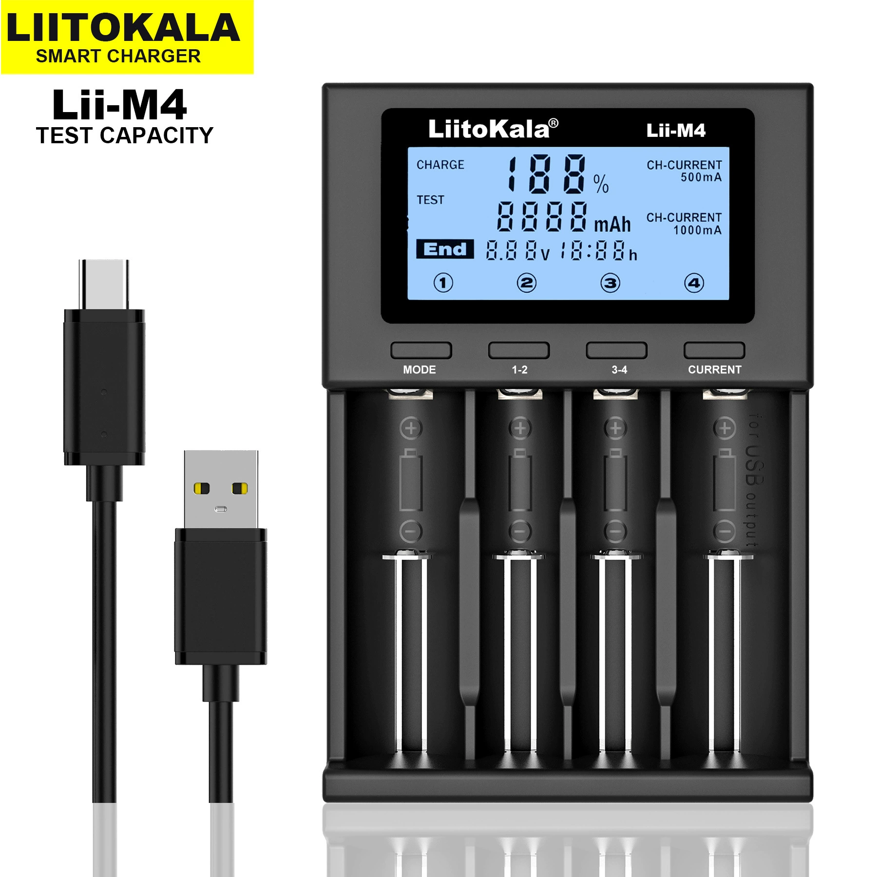 LiitoKala [lii-M4 18650 26660 зарядное устройство с разделением емкости / LCD дисплей 5V 2A]