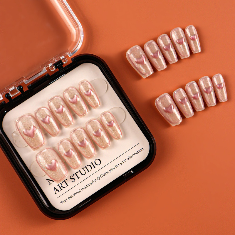 Handmade Manicure Finished Nails Wholesale Short Ballet Cat Eye Heart Fake Nails Aurora Blush Gradient Manicure