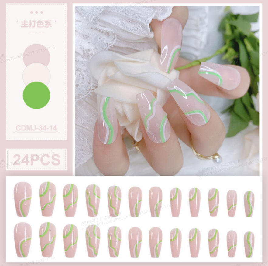 Uñas postizas de estilo francés populares transfronterizas, parches de uñas postizas largas, uñas postizas desmontables terminadas de fábrica.