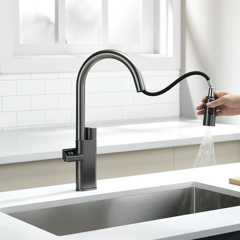 Grifo de Cocina Extraíble con Pantalla Digital de Acero Inoxidable Giratorio Universal para Agua Fría y Caliente
