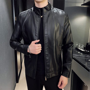 Autumn men's motorcycle leather thin simple and generous stand collar cardigan zipper long sleeve coat slim-fit handsome youth