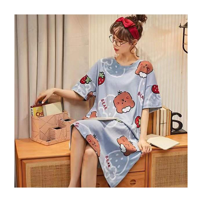 El comercio exterior de verano pijamas cuello redondo jersey de media longitud camisón de las mujeres lindo dulce flojo delgado de seda de leche ropa para el hogar