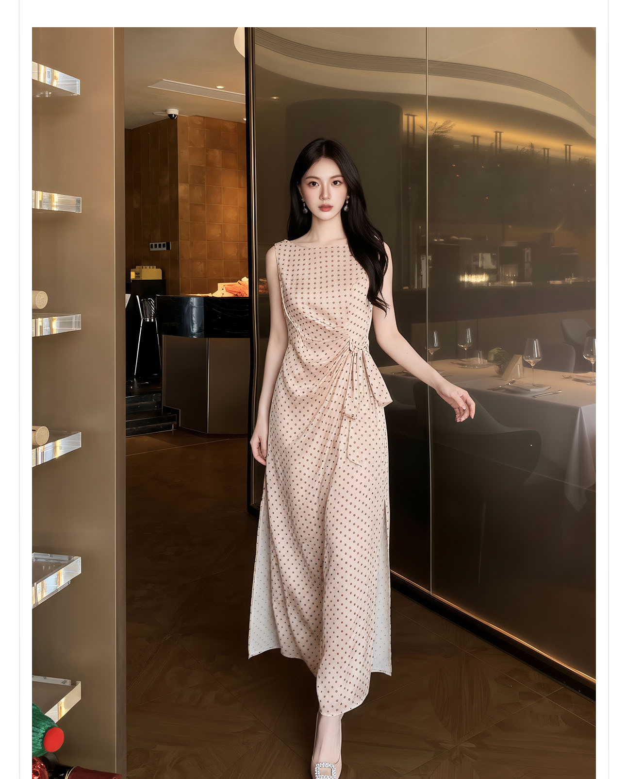 Đầm dài ôm body không tay họa tiết chấm bi phong cách Tân Trung Hoa — Điểm sóng chi tiết 7