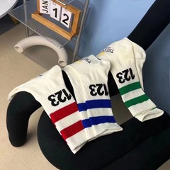 New 2022 Women's Medium Calf Socks with 123 Striped Numeric Cotton, Trendy Brand, High Street Sport Long Socks, Summer Market Wholesale