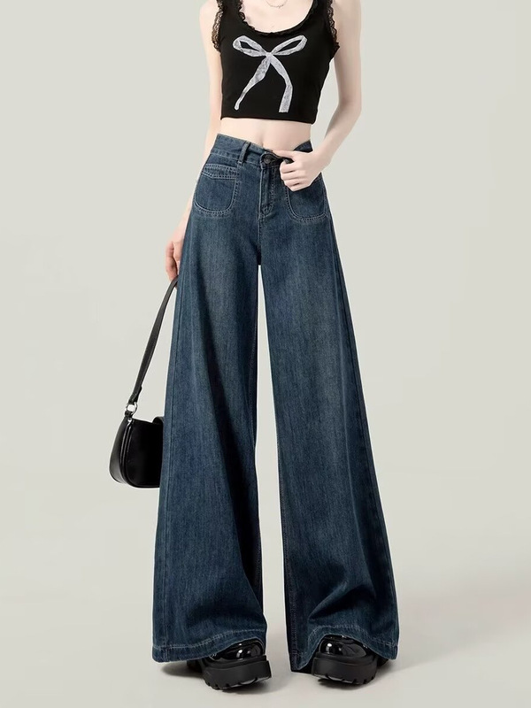 dark blue Wide Leg Jeans Women's 2024 New Casual Lazy Dipped Loose Slimming Straight Pants for Spring and Autumn