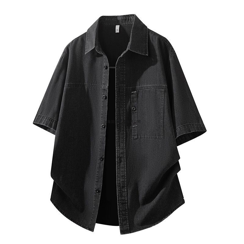 Summer New Denim Shirt Men's Short-Sleeved Thin Loose Large Size Versatile Casual Student Top Black Blue