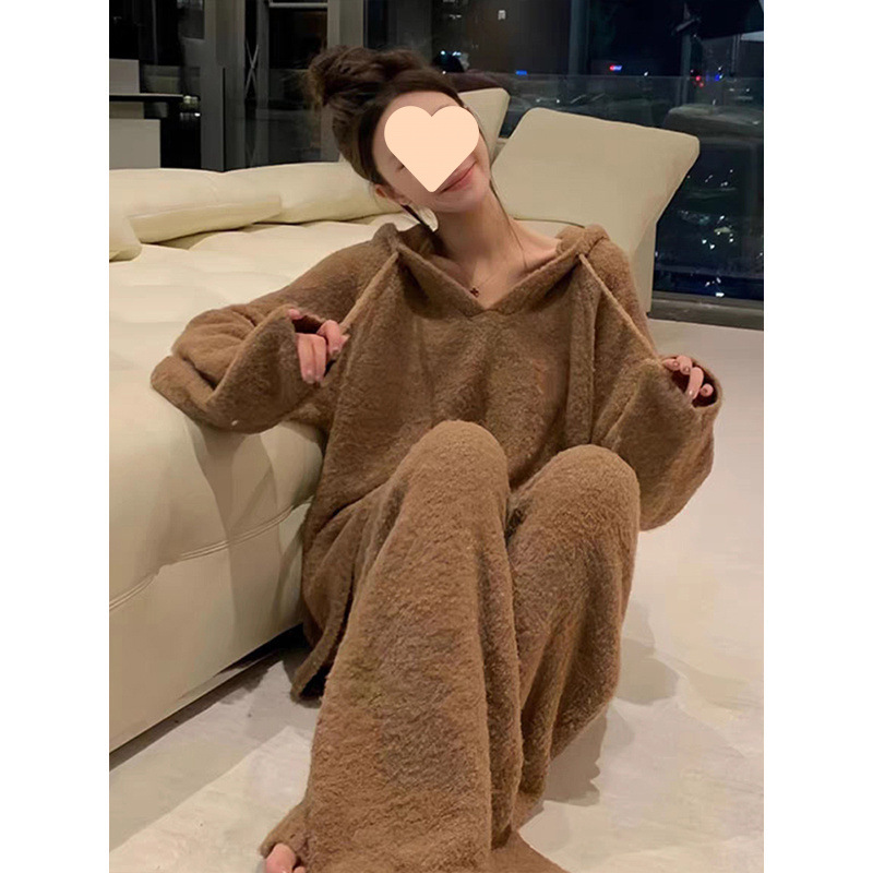 Maillard solid color half-velvet hooded pajamas for women in autumn and winter new thickened home clothes casual warm suit wear outside