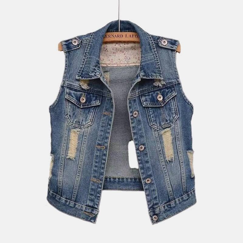 Denim Vest Women's Summer New Short Korean Style Washed Ripped Vest Slim Versatile Sleeveless Jacket Vest Top