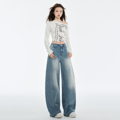 美式高街竹节纹弯刀牛仔裤女2025秋季新款宽松阔腿慵懒风拖地长裤