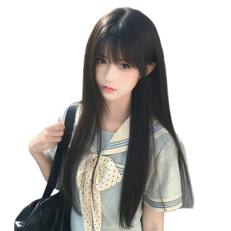 假发女生全头套自然减龄长直发Lolita齐刘海万用cos圆脸jk黑长直|undefined